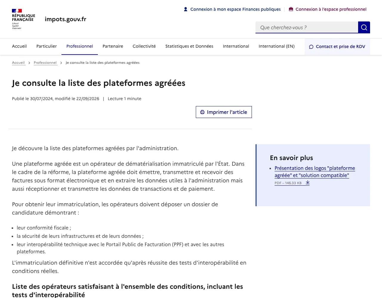 Capture de la page impots.gouv.fr « Je consulte la liste des plateformes agréées », modifiée le 22 septembre 2026.