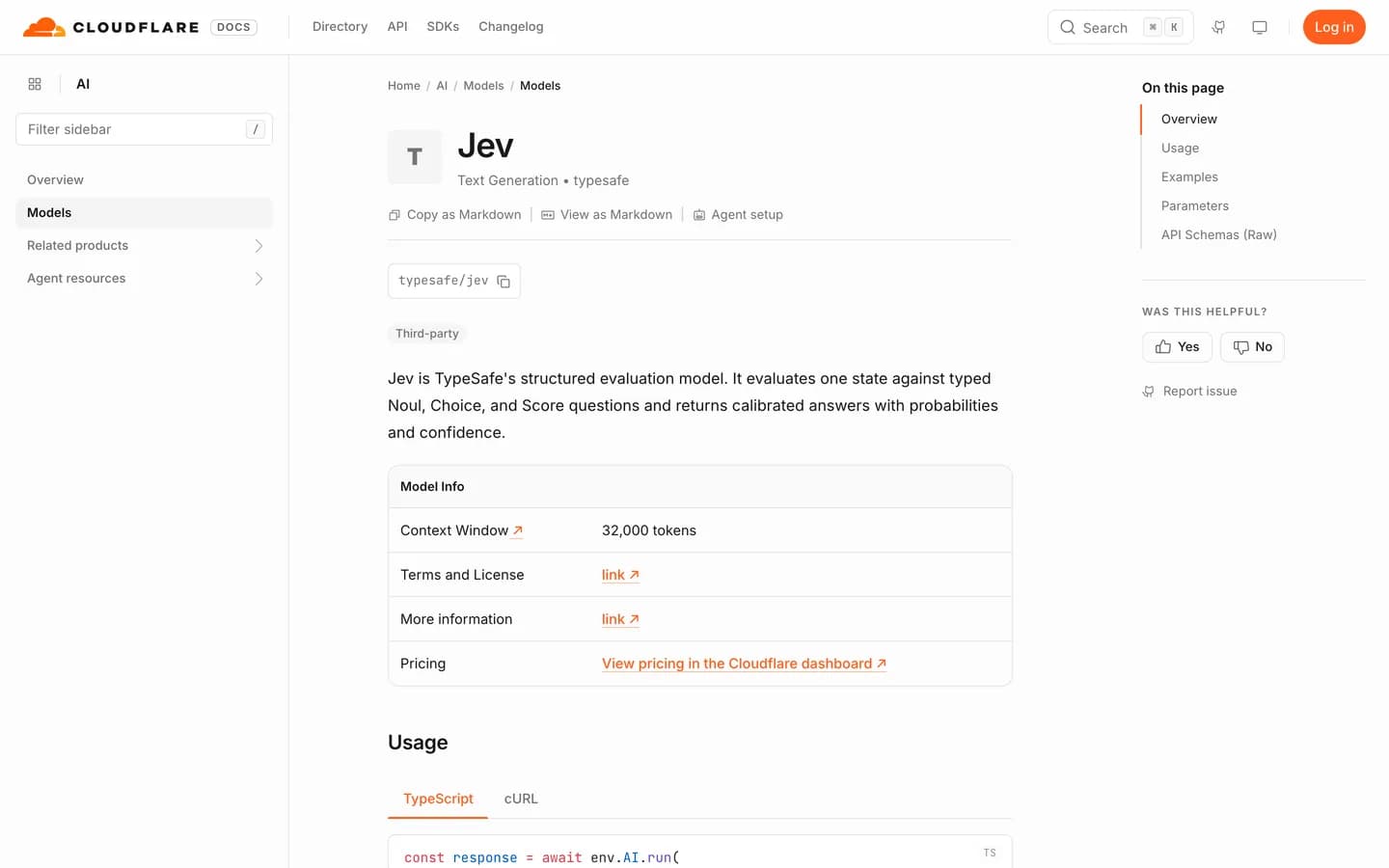 Fiche du modèle typesafe/jev dans la documentation Cloudflare AI, capturée le 19 septembre 2026.