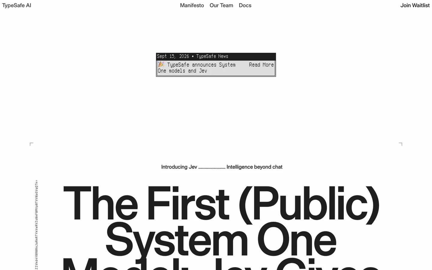 Accueil de typesafe.ai le 19 septembre 2026 : bandeau « TypeSafe announces System One models and Jev » daté du 15 septembre, titre « The First (Public) System One Model ».