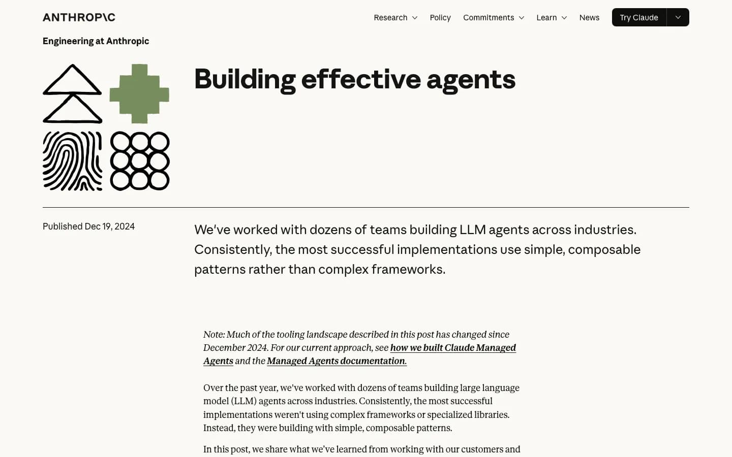 Page de l’article « Building effective agents » sur le site d’Anthropic, publié le 19 décembre 2024 : chapeau indiquant que les mises en œuvre les plus réussies utilisent des modèles simples et composables plutôt que des frameworks complexes.