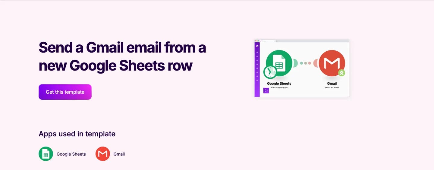 Page publique d’un modèle Make « Send a Gmail email from a new Google Sheets row » : aperçu du scénario reliant un module Google Sheets (Watch New Rows) à un module Gmail (Send an Email).