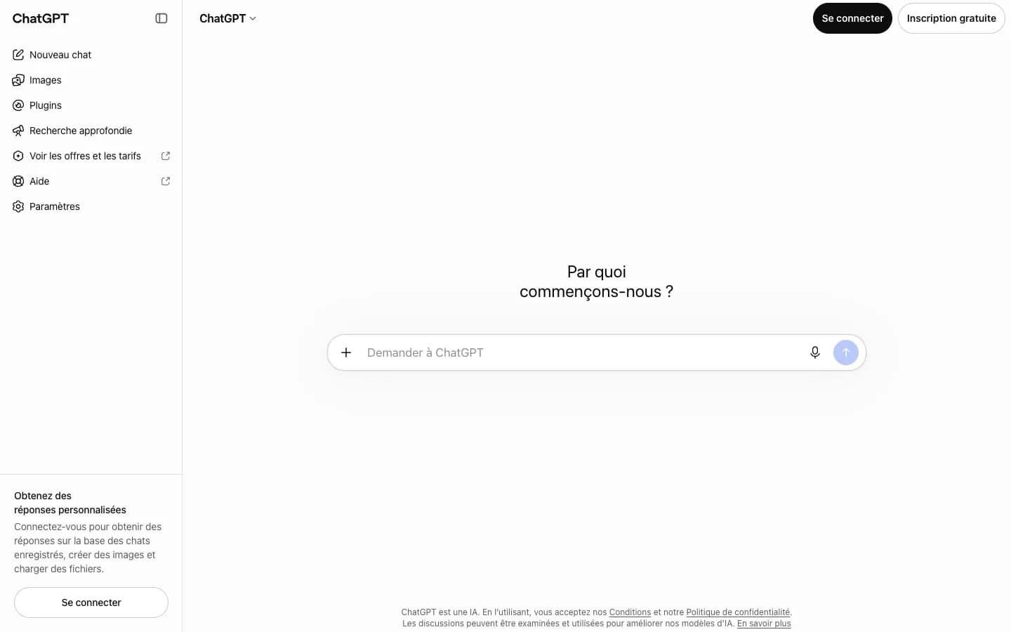 Page d’accueil de ChatGPT sans connexion : champ « Demander à ChatGPT » sous la question « Par quoi commençons-nous ? », menu Nouveau chat, Images et Recherche approfondie.