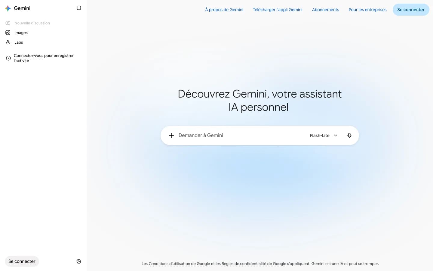 Page d’accueil de Gemini sans connexion : titre « Découvrez Gemini, votre assistant IA personnel » et champ « Demander à Gemini ».