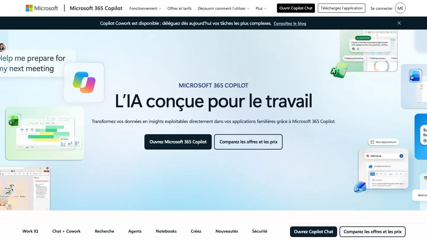 Page publique Microsoft 365 Copilot en français : titre « L’IA conçue pour le travail », boutons « Ouvrez Microsoft 365 Copilot » et « Comparez les offres et les prix ».