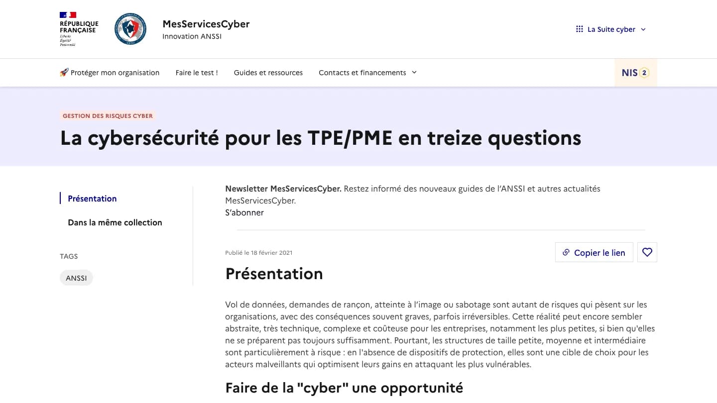 Page du guide de l’ANSSI « La cybersécurité pour les TPE/PME en treize questions » sur la plateforme MesServicesCyber, publié le 18 février 2021.
