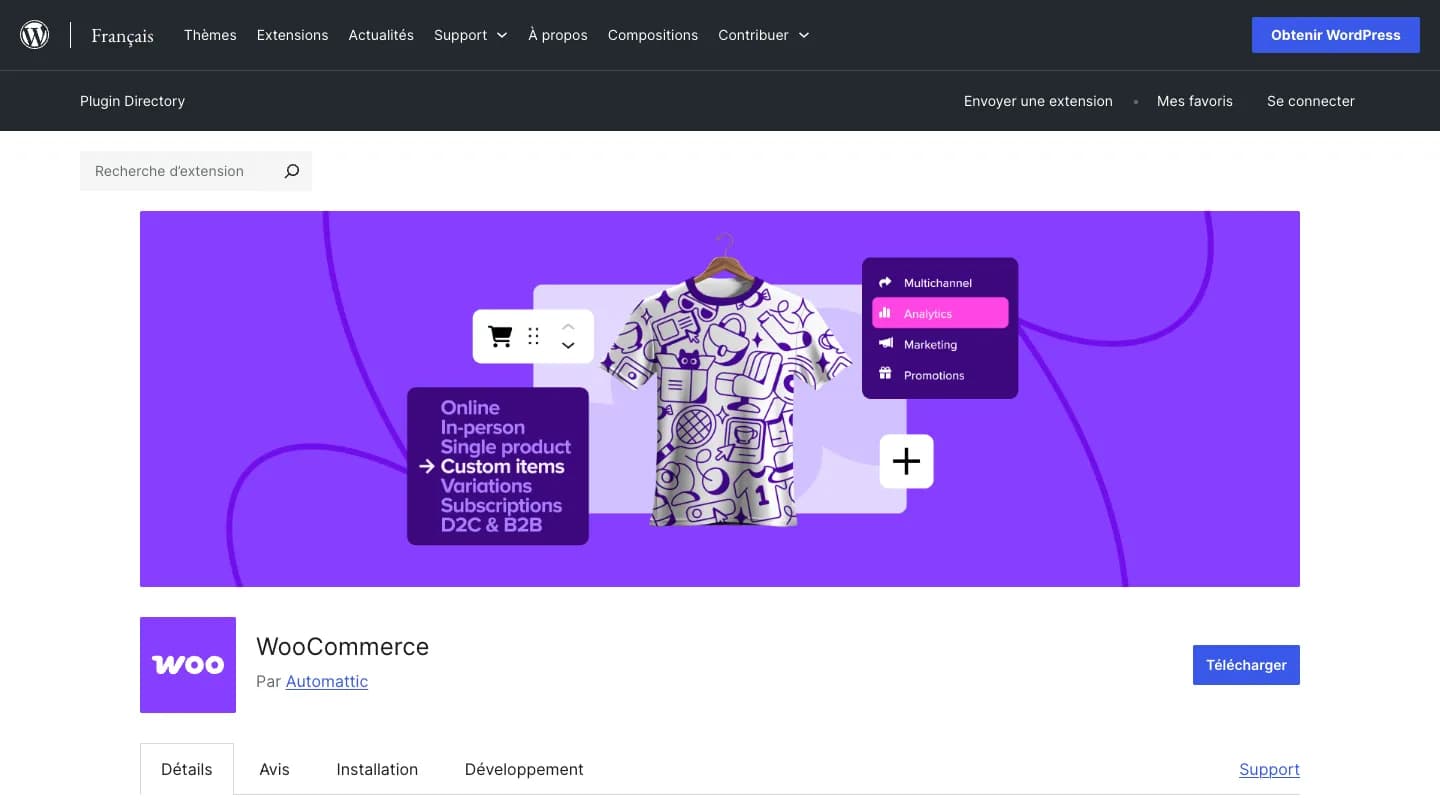 Page de l’extension WooCommerce sur le répertoire français de WordPress : bannière violette avec un tee-shirt, logo Woo, éditeur Automattic et bouton « Télécharger ».