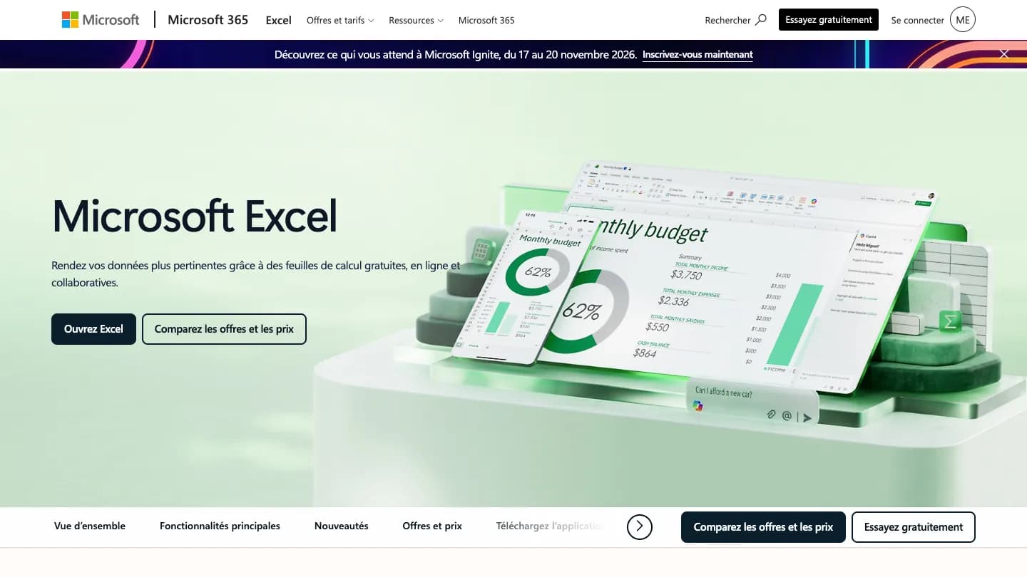 Page Microsoft Excel sur microsoft.com en français : titre « Microsoft Excel », phrase sur des feuilles de calcul gratuites, en ligne et collaboratives, boutons « Ouvrez Excel » et « Comparez les offres et les prix ».