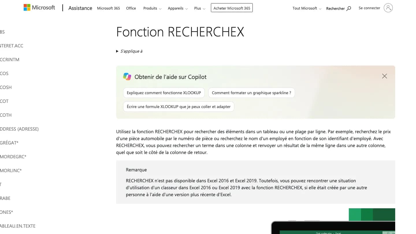 Page du support Microsoft en français « Fonction RECHERCHEX » : description de la fonction et remarque indiquant qu’elle n’est pas disponible dans Excel 2016 et Excel 2019.