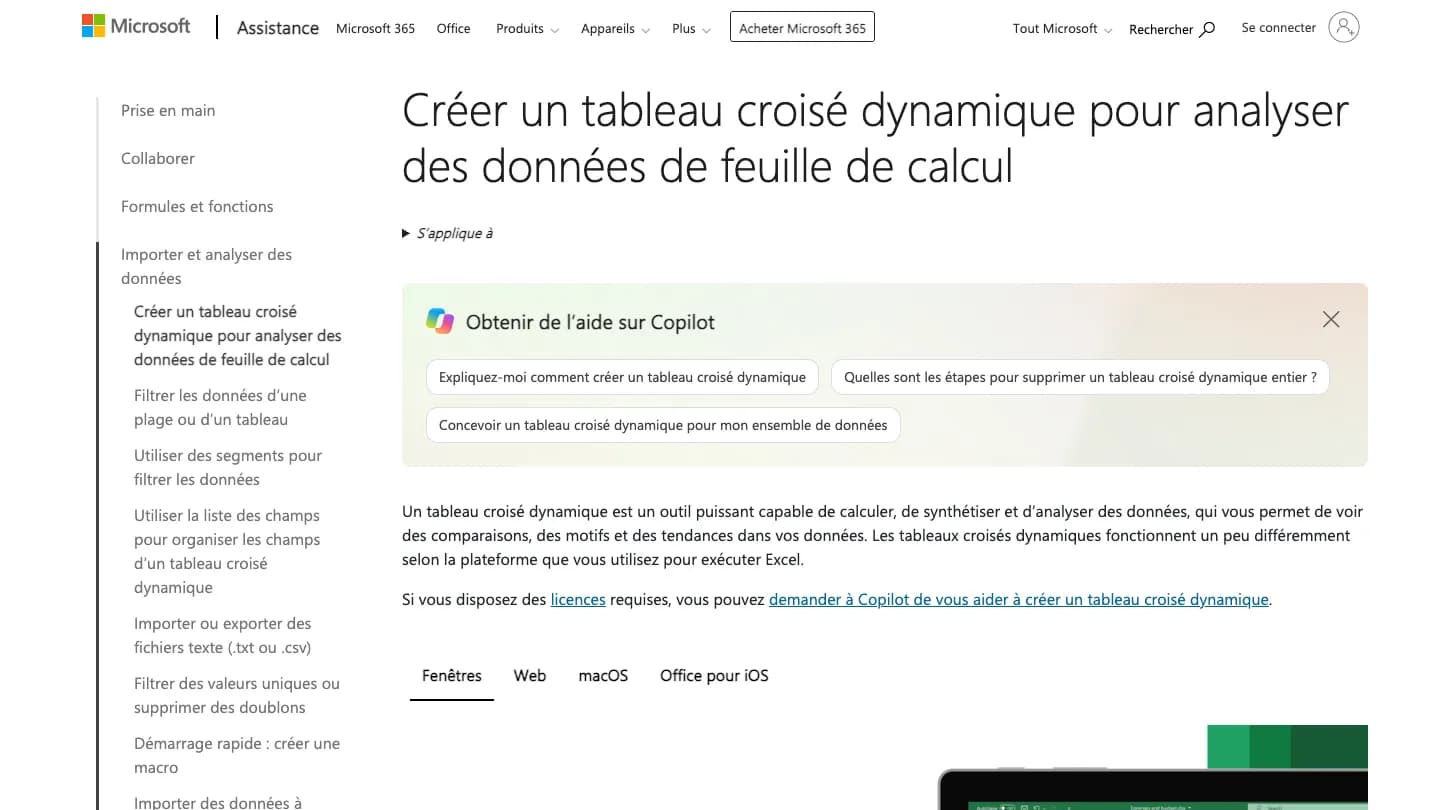 Page du support Microsoft en français « Créer un tableau croisé dynamique pour analyser des données de feuille de calcul », avec onglets Windows, Web, macOS et Office pour iOS.