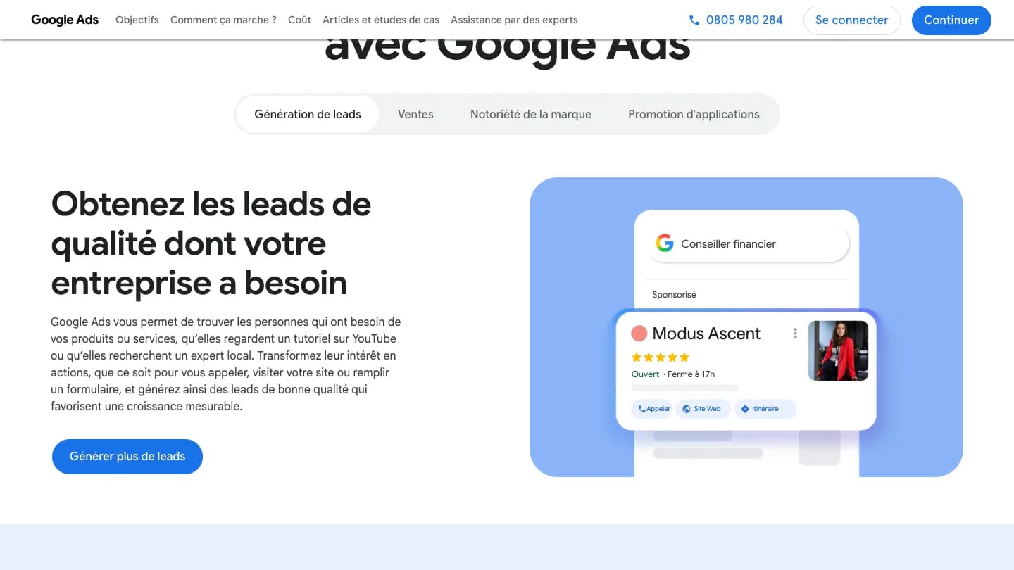 Page publique Google Ads en français, onglet « Génération de leads » : titre « Obtenez les leads de qualité dont votre entreprise a besoin » et exemple d’annonce locale avec boutons Appeler, Site Web et Itinéraire.