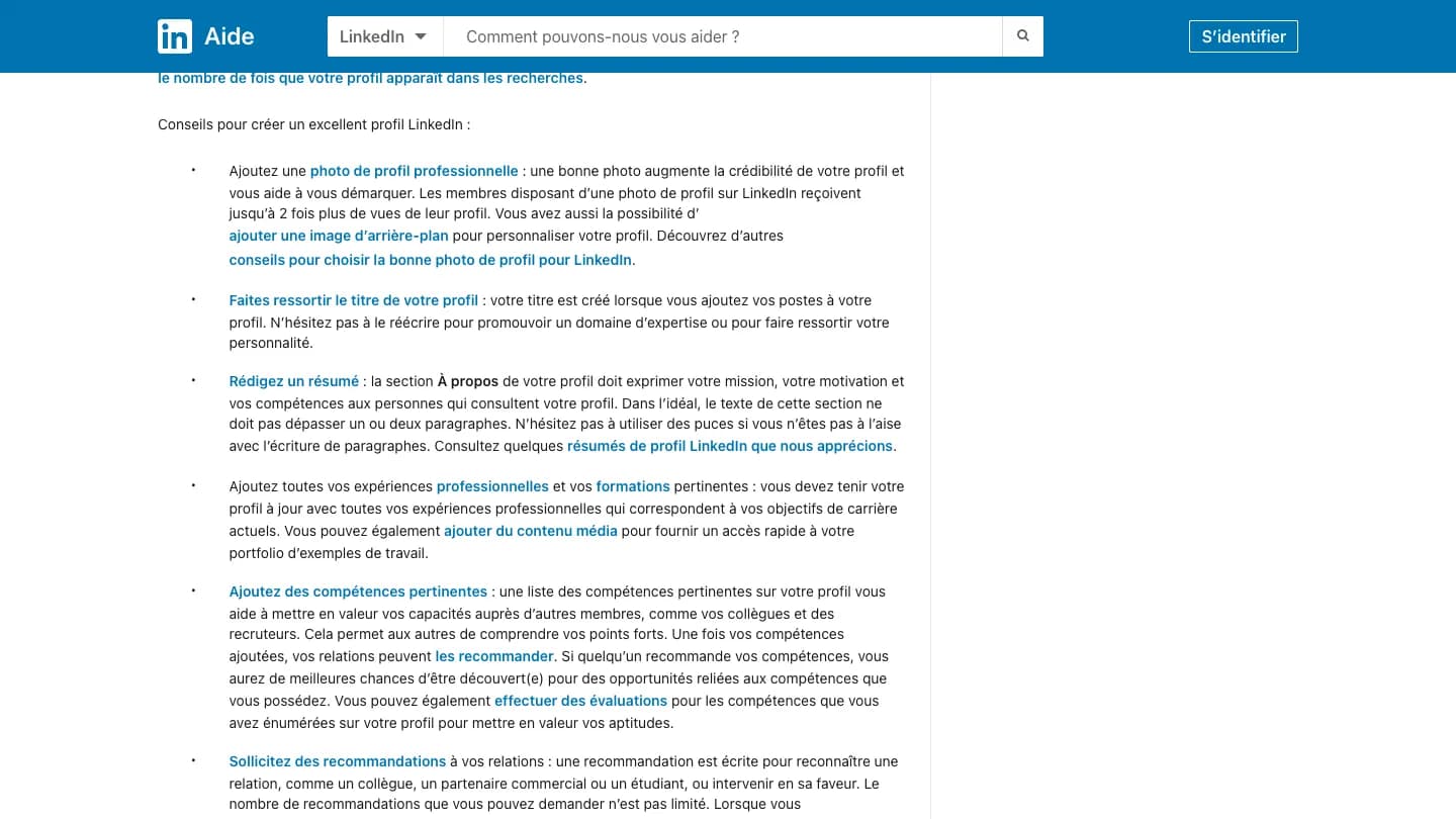 Article d’aide LinkedIn « Créer un profil efficace sur LinkedIn » en français : liste de conseils sur la photo de profil professionnelle, le titre, la section À propos, les expériences et formations, les compétences et les recommandations.