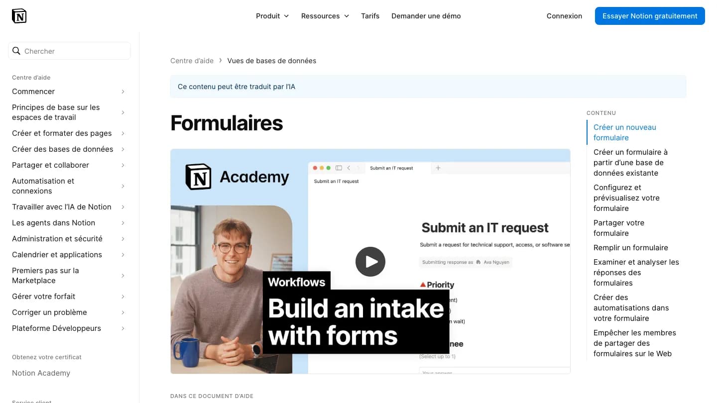 Centre d’aide Notion en français, page « Formulaires » : sommaire avec « Créer un nouveau formulaire », « Créer un formulaire à partir d’une base de données existante », « Créer des automatisations dans votre formulaire ».