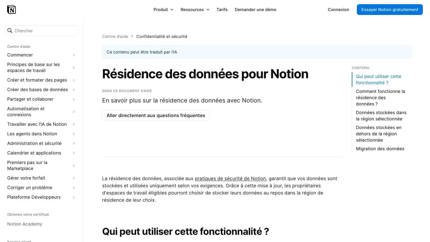 Centre d’aide Notion en français, page « Résidence des données pour Notion » : sommaire avec « Qui peut utiliser cette fonctionnalité ? », « Données stockées dans la région sélectionnée », « Migration des données ».
