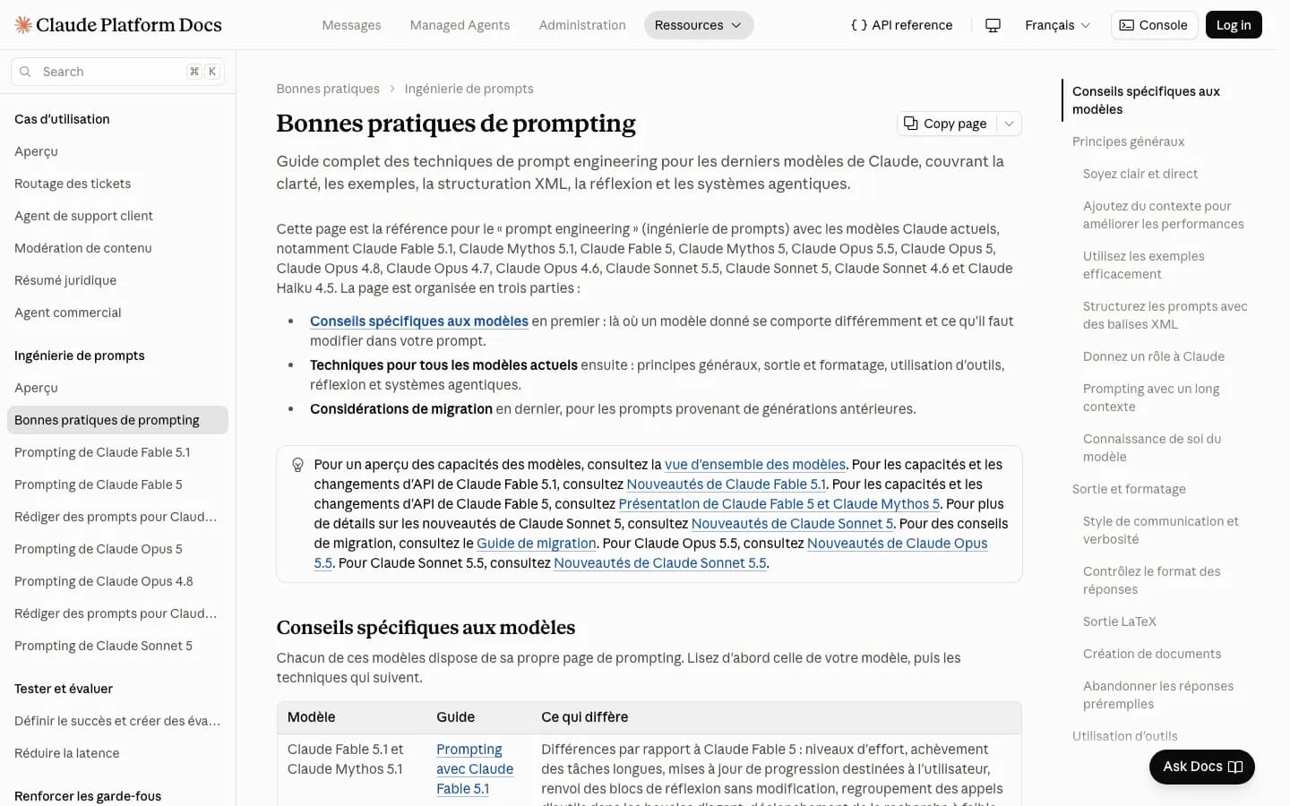 Page « Bonnes pratiques de prompting » de la documentation Claude en français : sommaire avec « Soyez clair et direct », « Utilisez les exemples efficacement », « Structurez les prompts avec des balises XML » et « Donnez un rôle à Claude ».