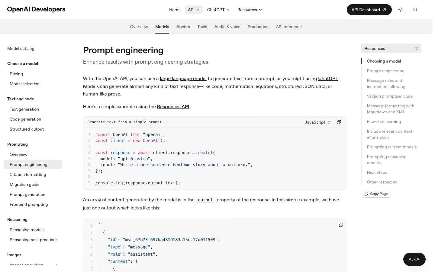 Page « Prompt engineering » de la documentation OpenAI pour développeurs, avec un sommaire comprenant « Message roles and instruction following », « Version prompts in code », « Message formatting with Markdown and XML » et « Few-shot learning ».