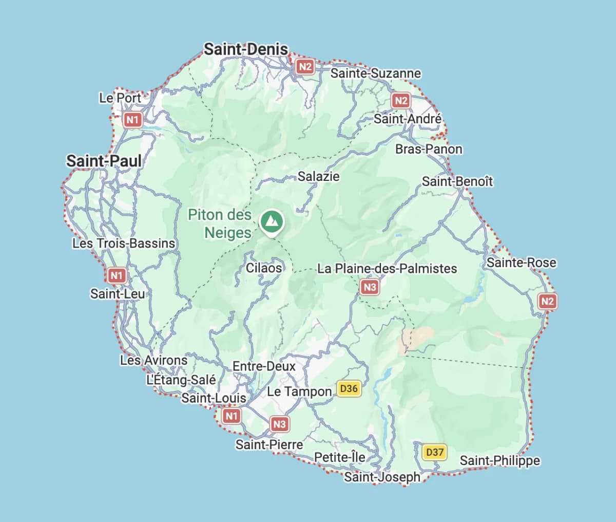 Carte de La Réunion sur Google Maps avec le nom des 24 communes de l’île.