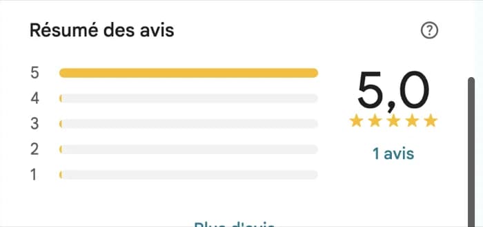 Résumé des avis Google d’une fiche d’établissement : répartition des notes de 1 à 5 étoiles et note moyenne.