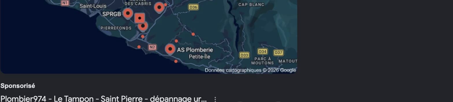 Résultats Google pour « plombier saint-pierre 974 » : un bloc Entreprises avec une carte et des établissements locaux.