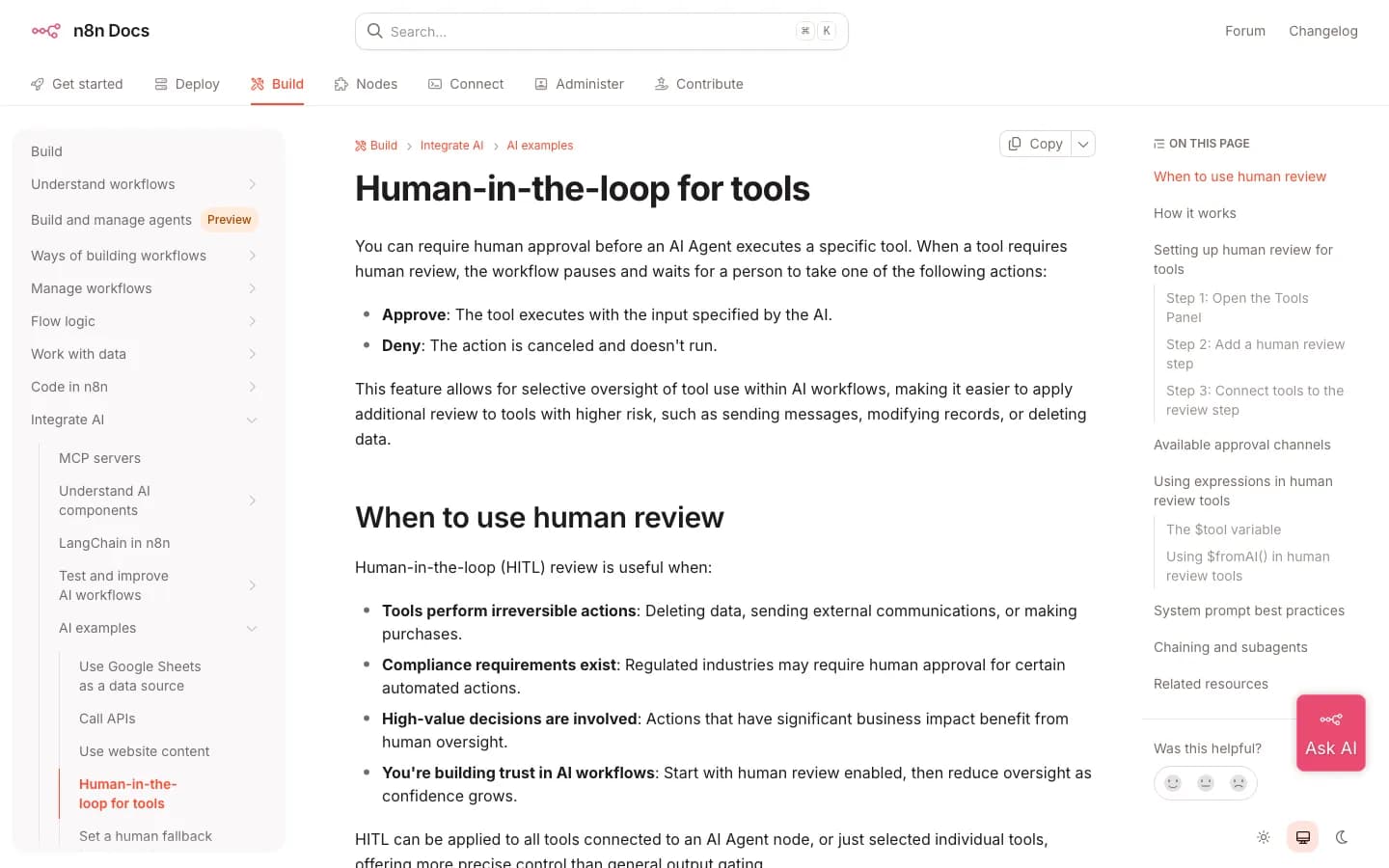 Documentation officielle de n8n, page « Human-in-the-loop for tools » : l’approbation exécute l’outil avec les paramètres proposés par l’IA, le refus annule l’action ; liste des cas où la revue humaine est utile.