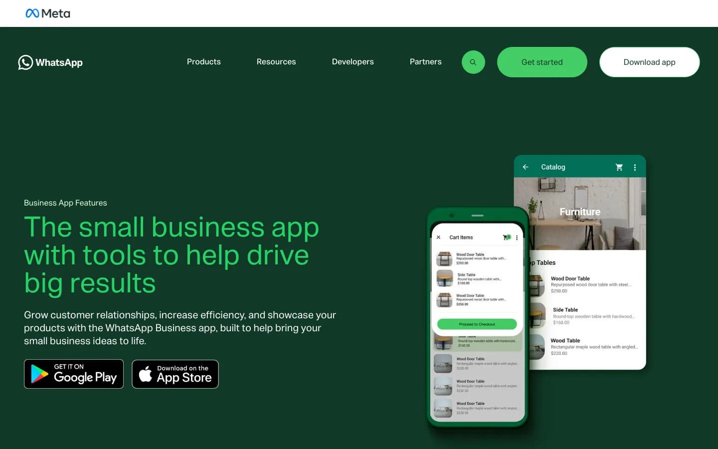 Page officielle « Business App Features » de WhatsApp : titre « The small business app with tools to help drive big results », boutons de téléchargement Google Play et App Store, et téléphone affichant un catalogue de produits.