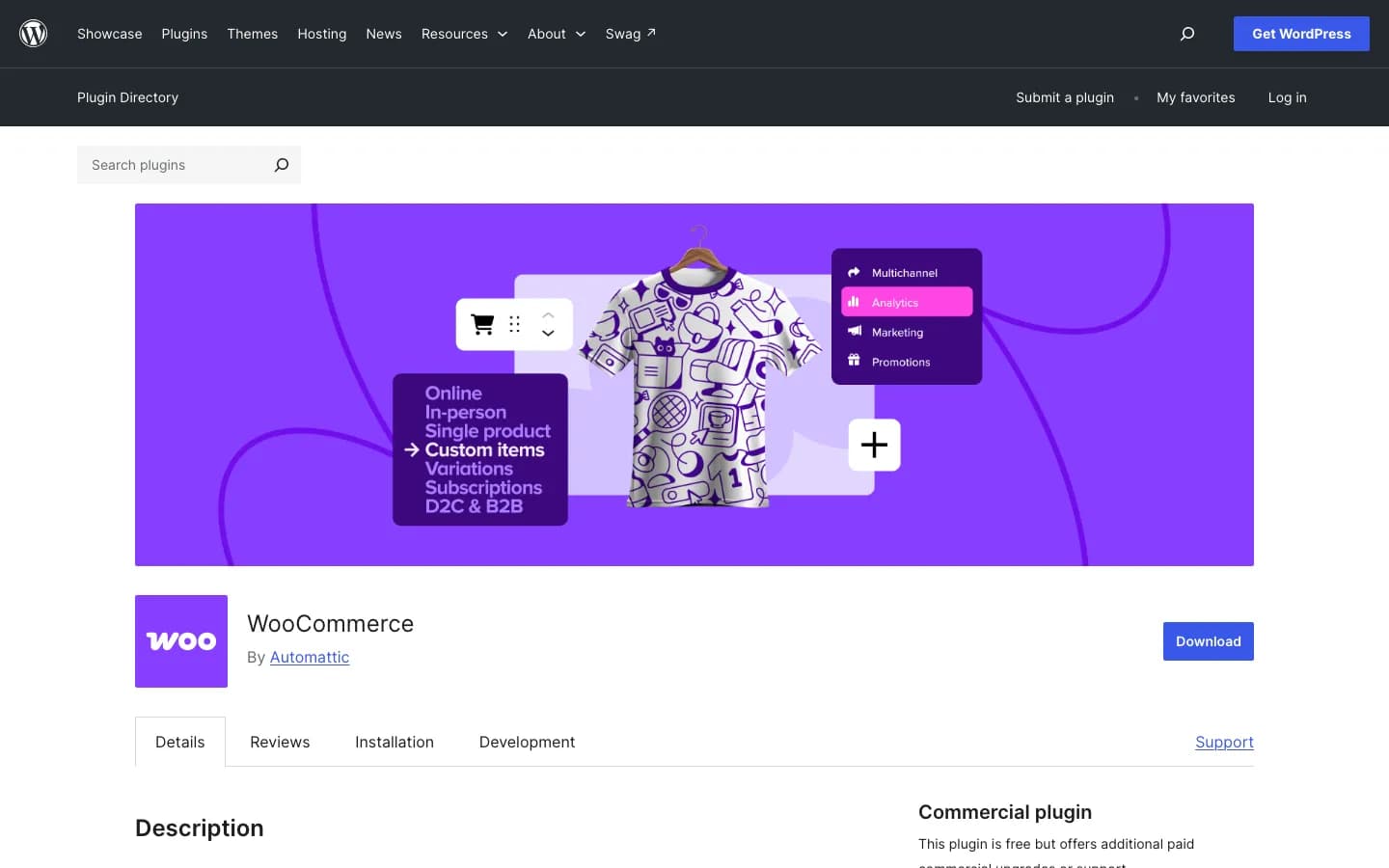Page officielle de l’extension WooCommerce dans le répertoire WordPress.org : bandeau violet, logo Woo, auteur Automattic, bouton Download et encadré « Commercial plugin : this plugin is free but offers additional paid commercial upgrades or support ».