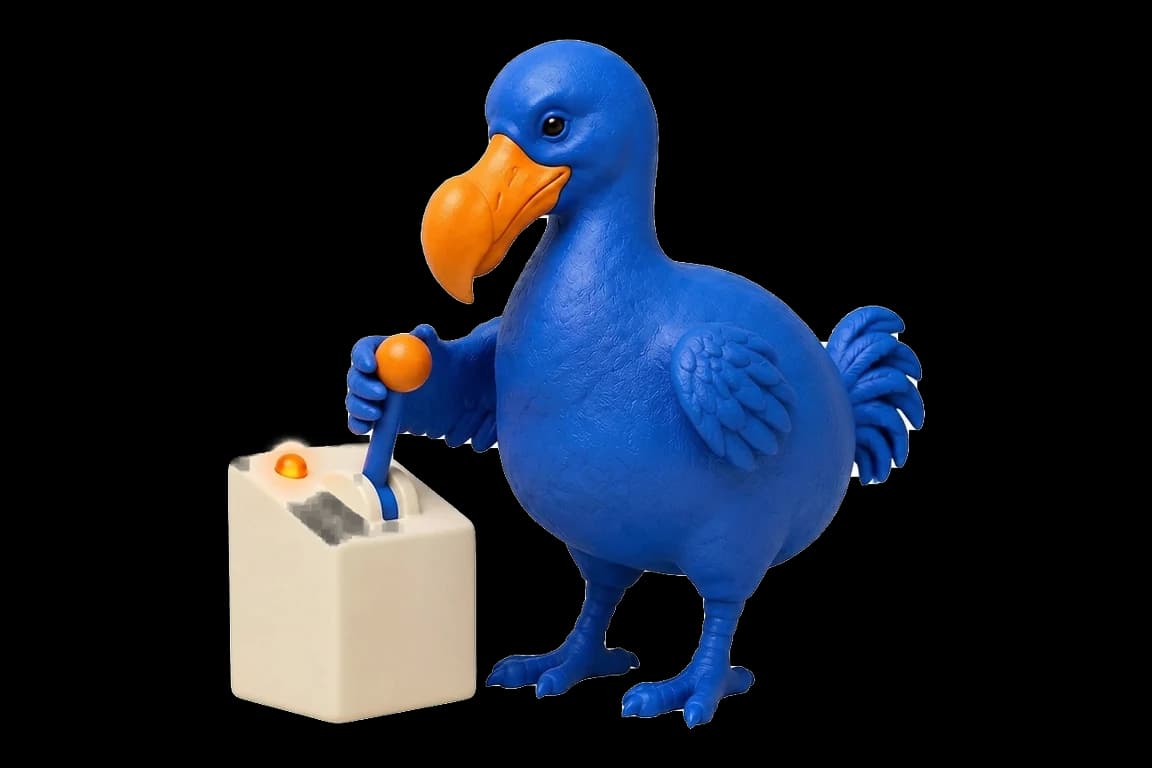 Le dodo bleu actionne le levier d’un petit boîtier ivoire dont le voyant orange s’allume.