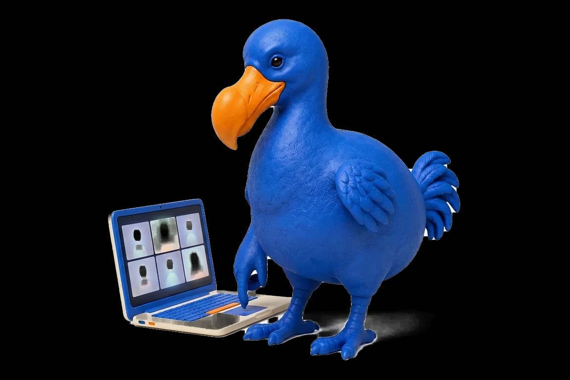 Le dodo bleu ouvre un ordinateur portable affichant une grille d’appel vidéo.