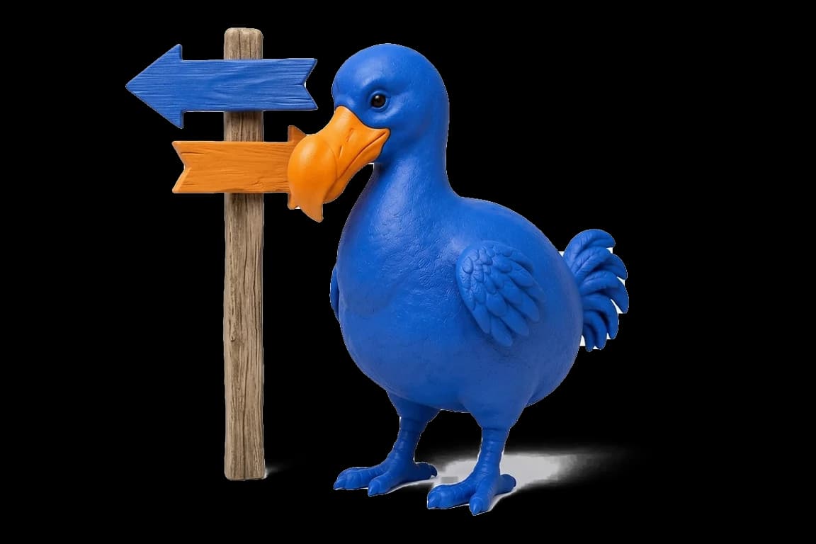 Le dodo bleu se tient devant un poteau en bois à deux flèches : une bleue vers la gauche, une orange vers la droite.
