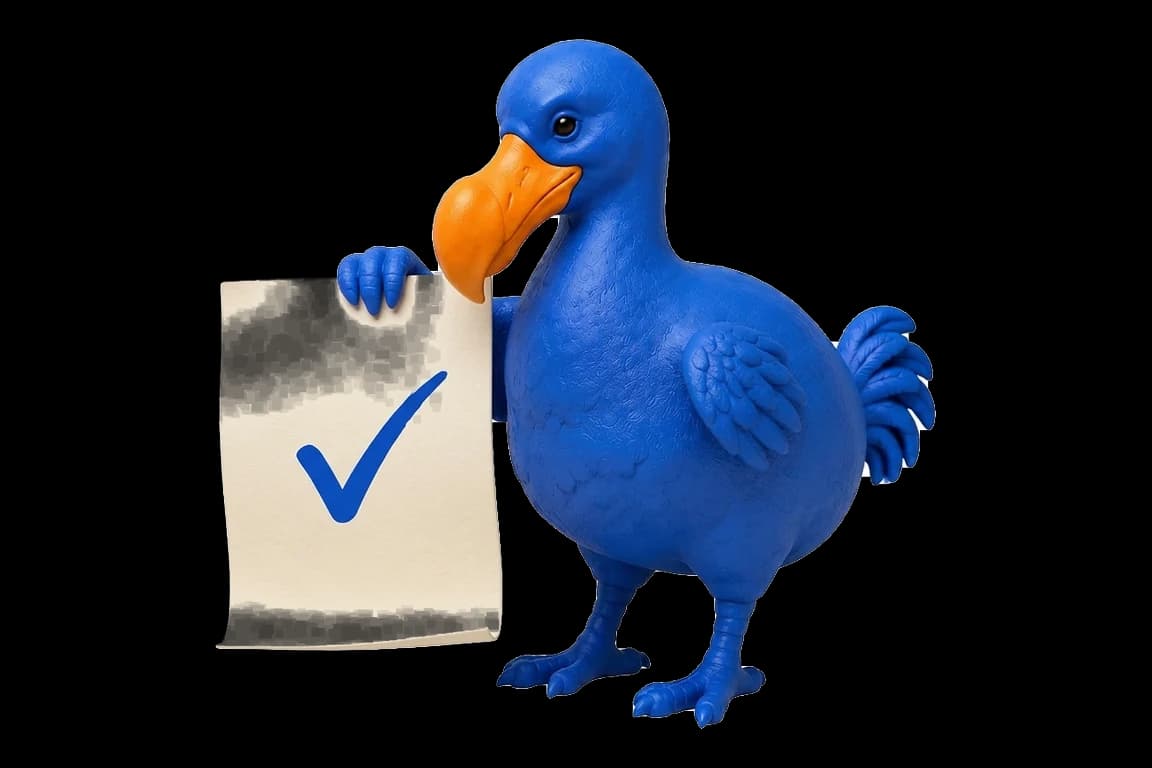 Le dodo bleu tient dressée une feuille ivoire marquée d’une grande coche bleue.