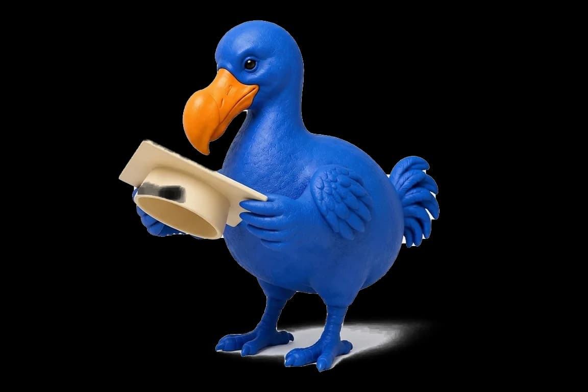 Le dodo bleu tient une toque de diplômé ivoire des deux ailes et l’incline pour l’examiner.