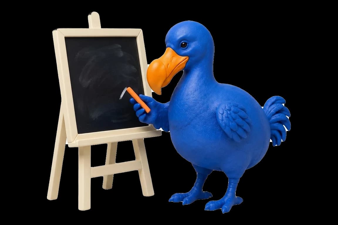 Le dodo bleu écrit à la craie orange sur un petit tableau noir posé sur un chevalet ivoire.