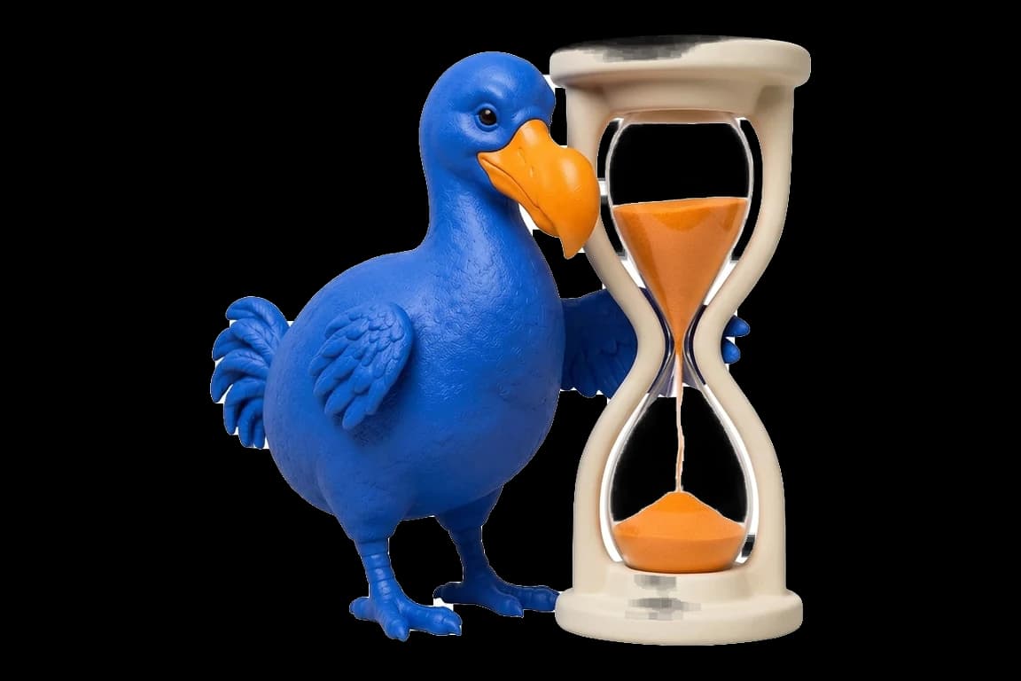 Le dodo bleu s’appuie contre un grand sablier ivoire dont le sable orange s’écoule.