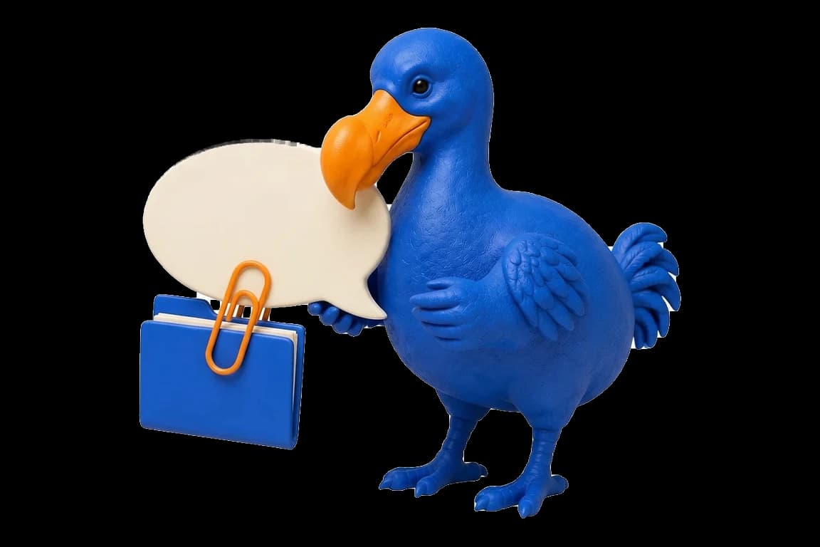 Le dodo bleu tient une bulle de dialogue ivoire attachée par un trombone orange à une chemise cobalt.