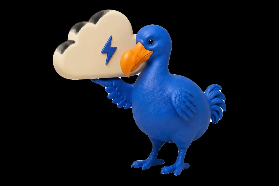 Le dodo bleu soulève un nuage marqué d’un éclair.