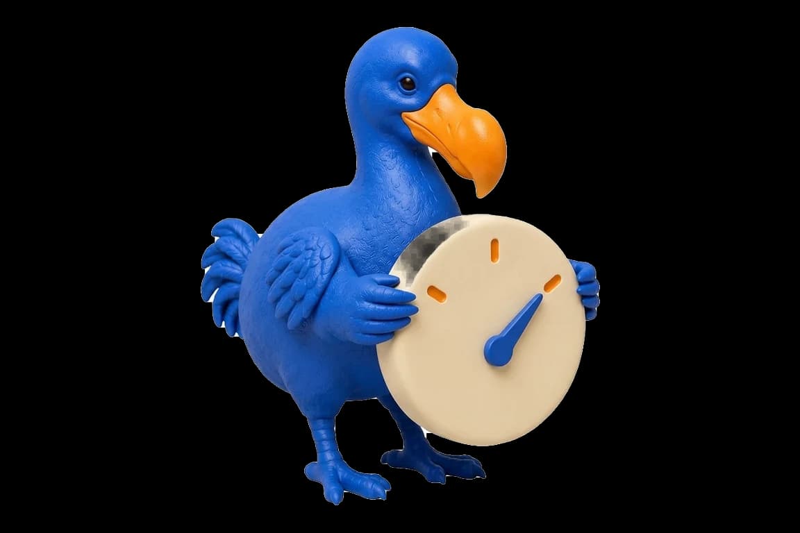 Le dodo bleu tient un cadran dont l’aiguille pointe une option parmi trois.