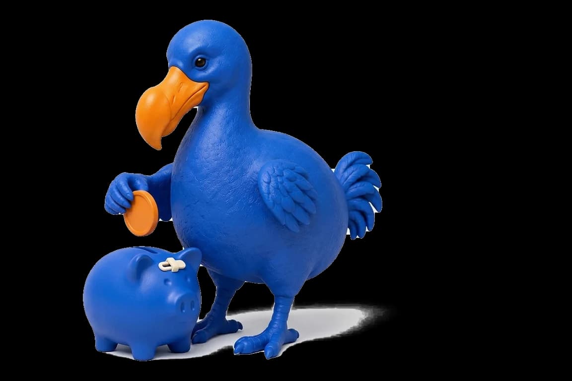 Le dodo bleu tient une pièce orange au-dessus d’une tirelire cobalt dont la fente est fermée par un petit loquet.