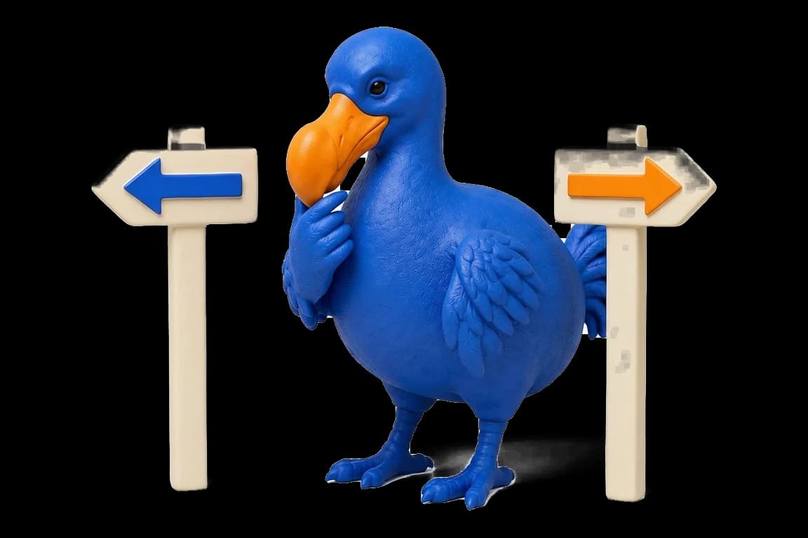 Le dodo bleu réfléchit entre deux panneaux ivoire, une flèche bleue à gauche et une flèche orange à droite.