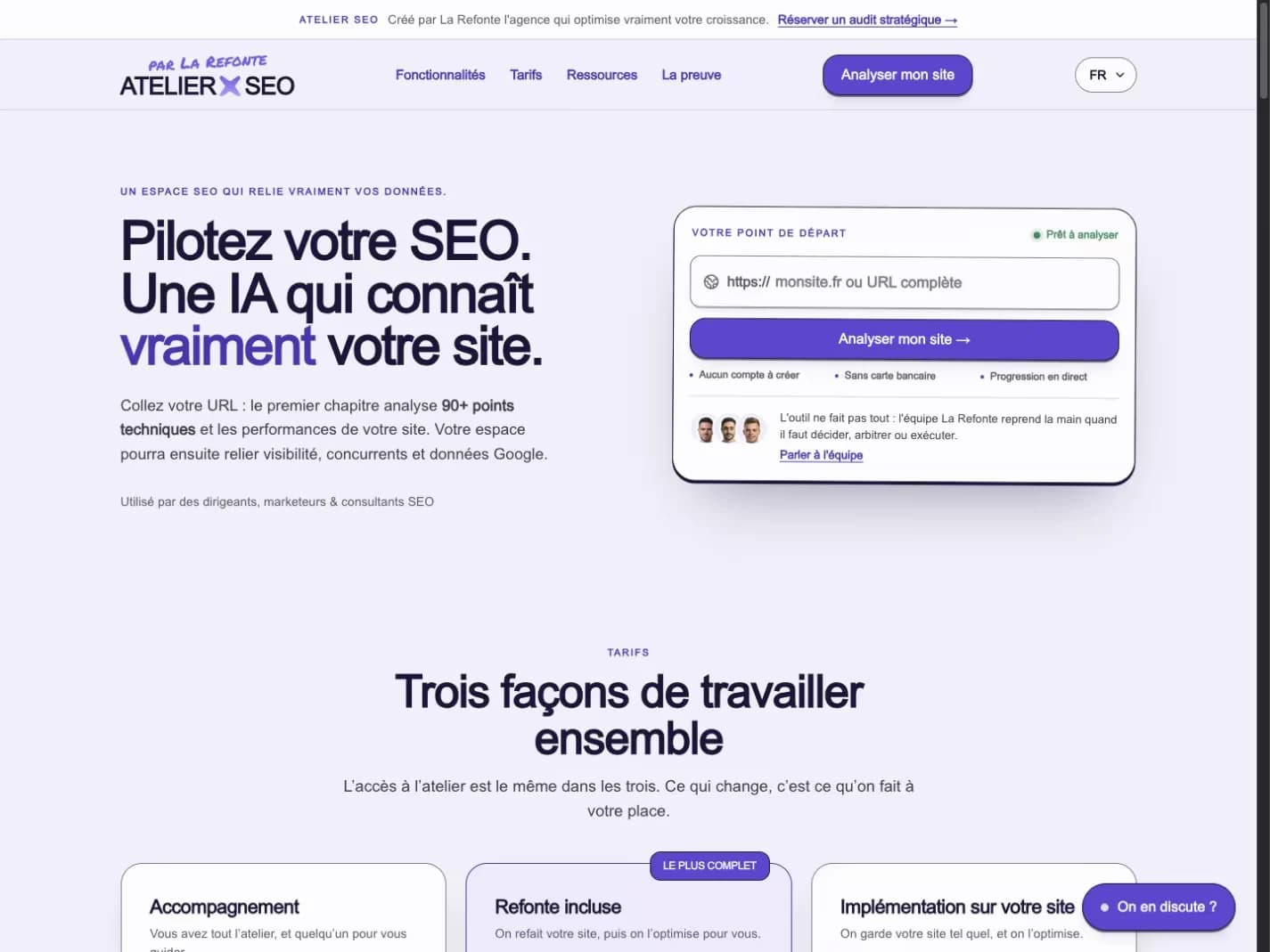 Écran public d’Atelier SEO : champ pour l’adresse du site et bouton Analyser mon site.