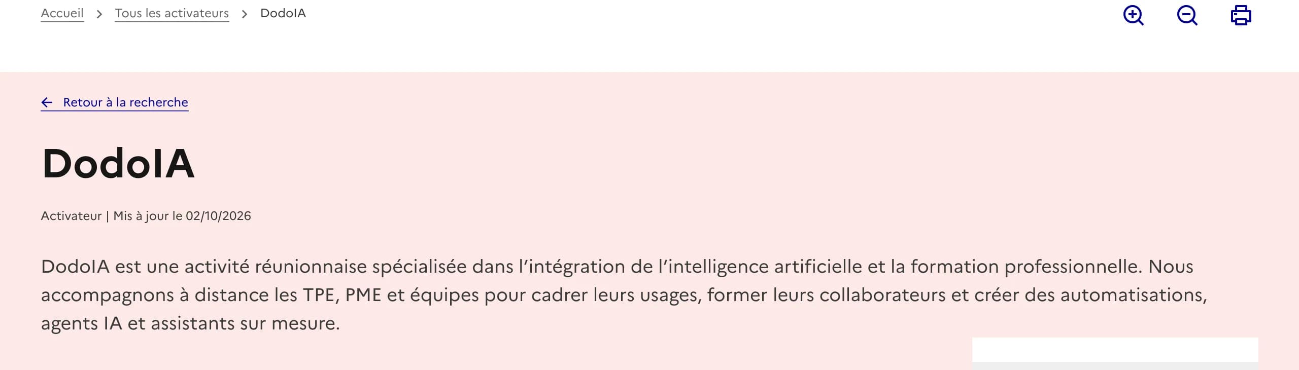 Capture de la fiche publique DodoIA sur francenum.gouv.fr : nom, statut Activateur, date de mise à jour et présentation de l’offre.