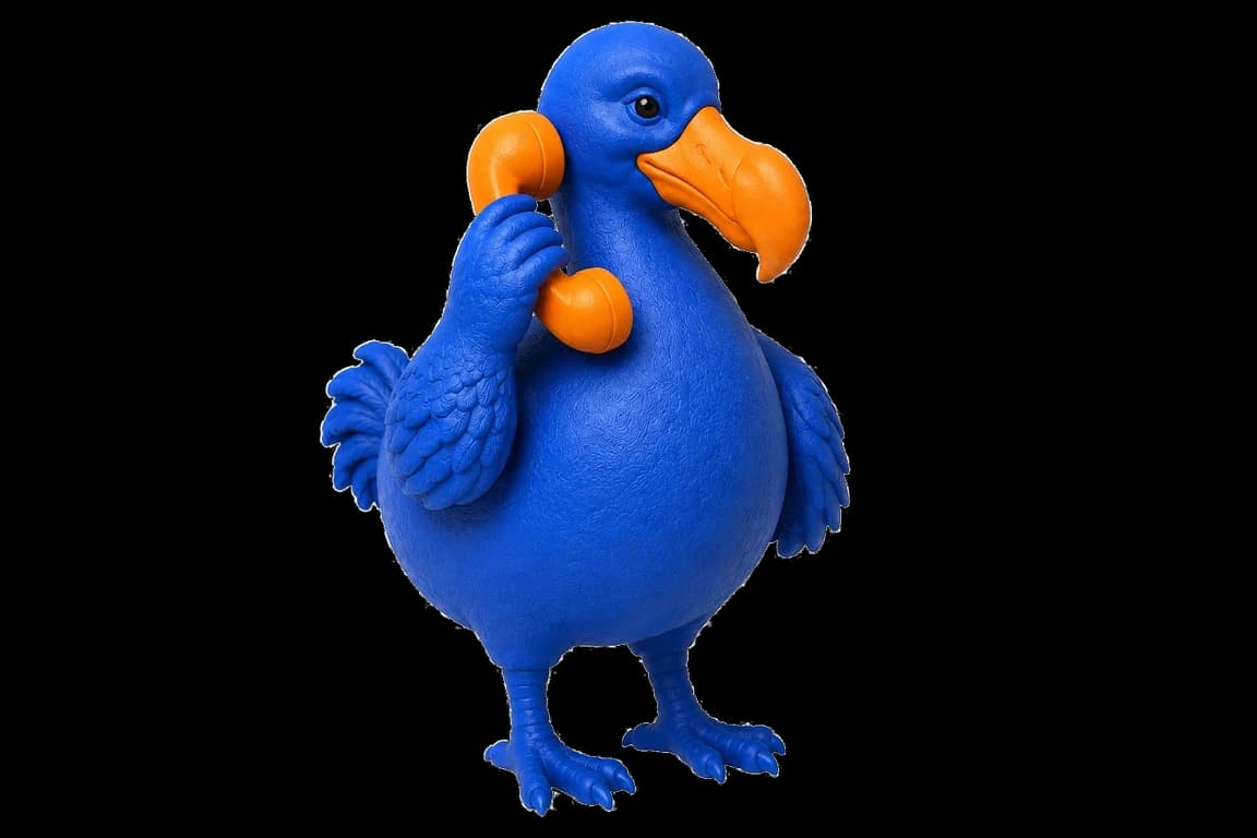 Le dodo tient un combiné téléphonique orange, prêt à écouter et orienter.