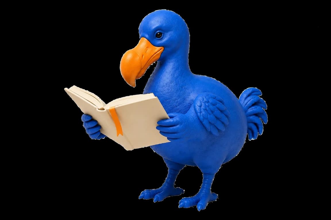 Le dodo consulte un livre ouvert et son repère orange pour retrouver une source.