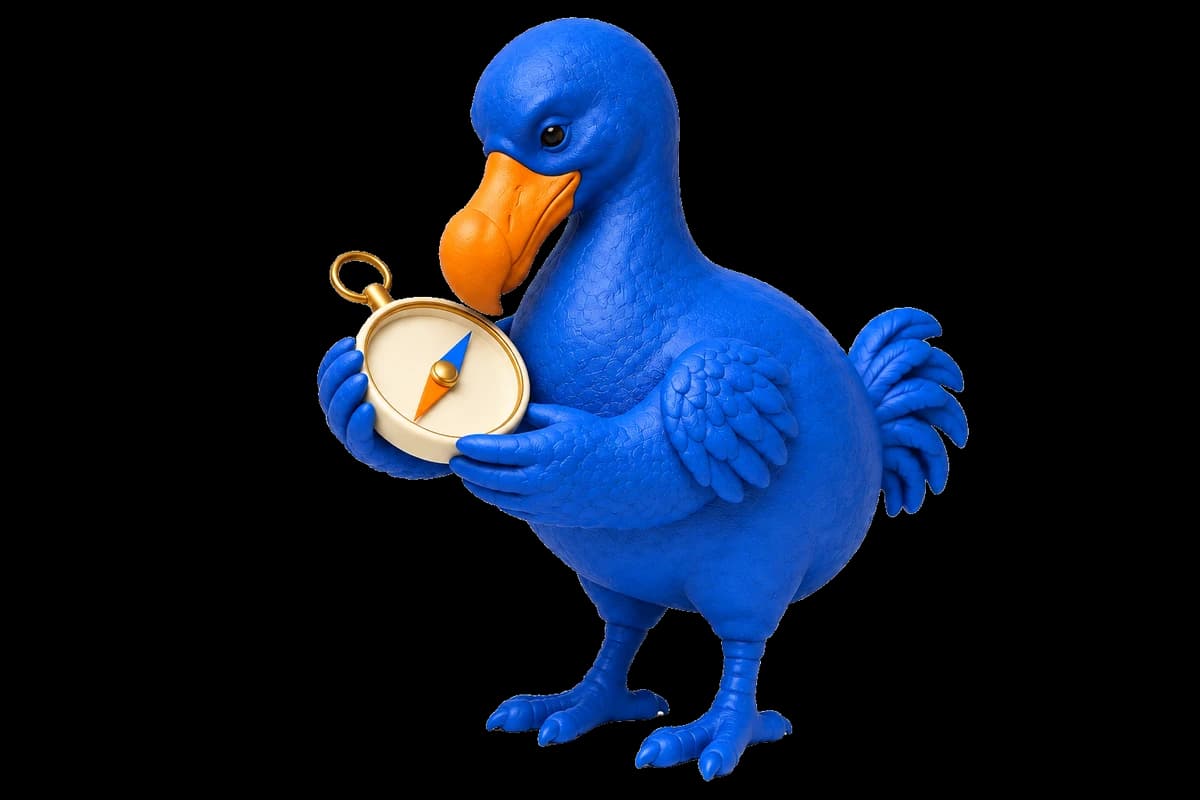 Le dodo bleu consulte une boussole pour trouver la bonne direction.