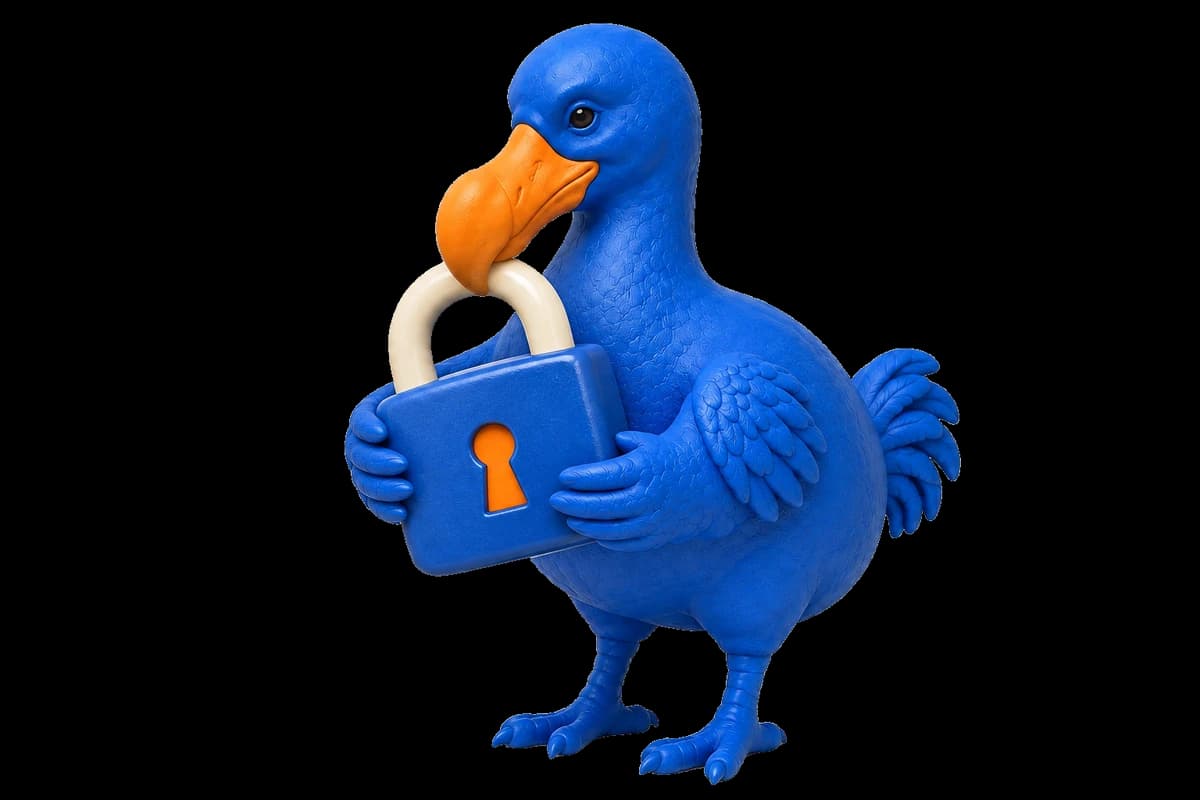Le dodo bleu tient un cadenas pour veiller sur les accès et les données.