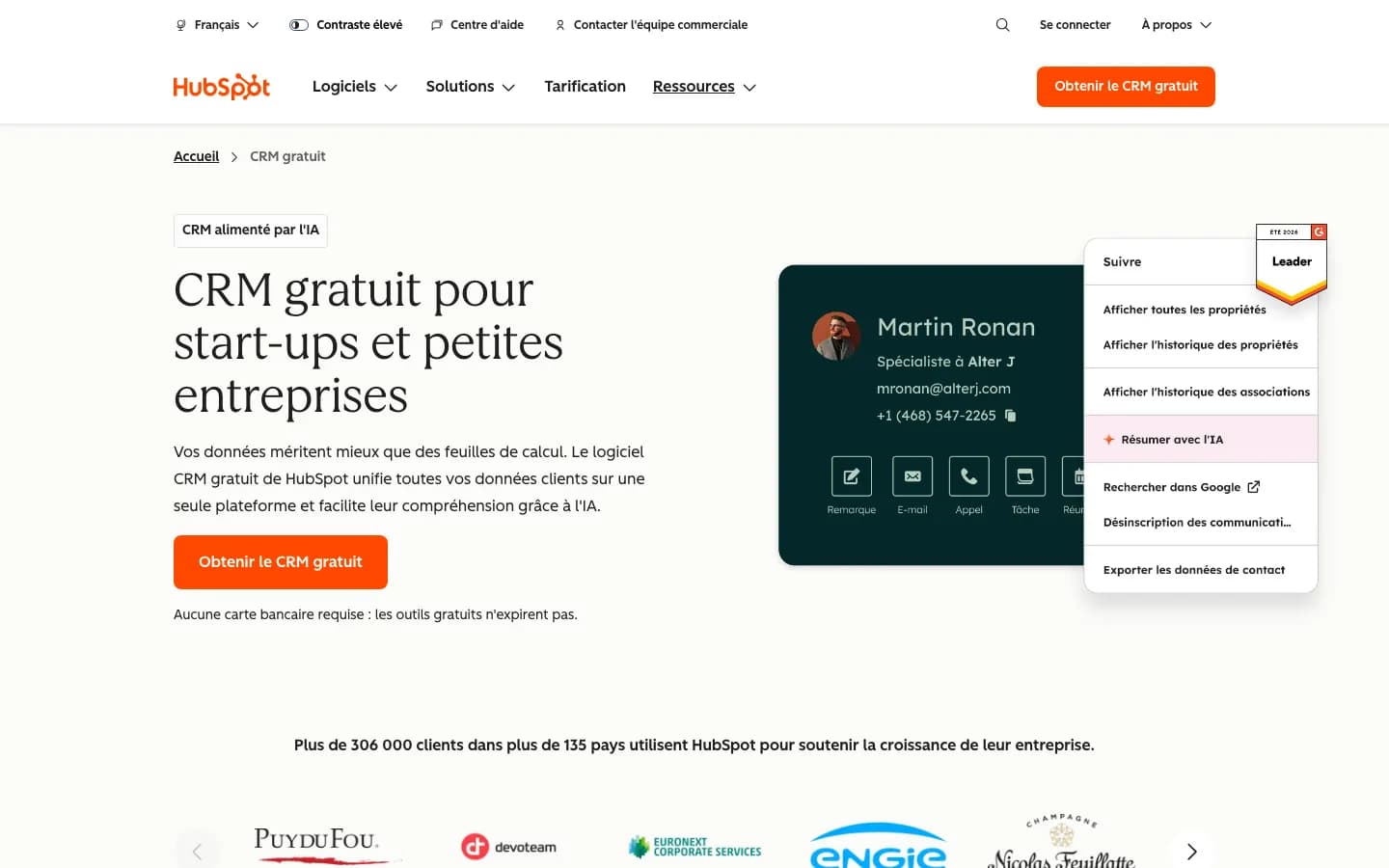 Page officielle du CRM gratuit de HubSpot en français : titre « CRM gratuit pour start-ups et petites entreprises », bouton « Obtenir le CRM gratuit » et mention « Aucune carte bancaire requise : les outils gratuits n’expirent pas ».