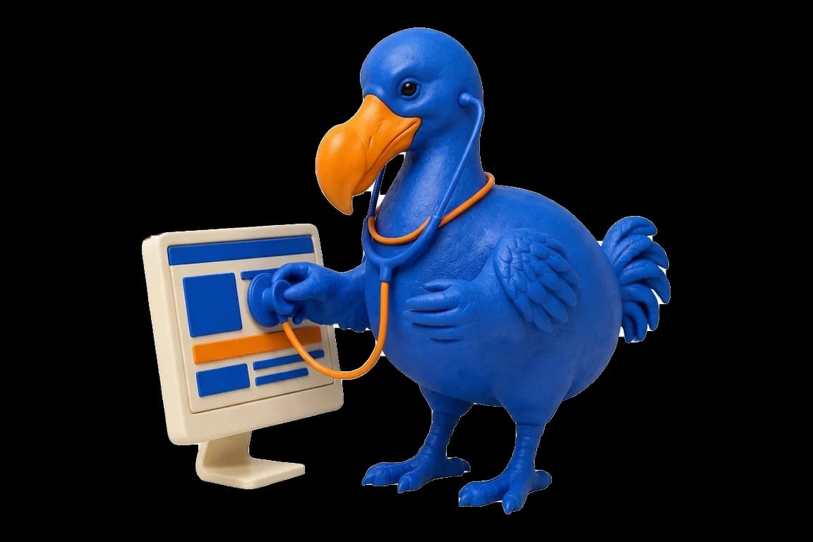Le dodo bleu ausculte au stéthoscope à tubulure orange l’écran d’un moniteur ivoire affichant une page web.