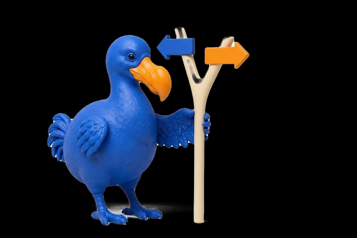 Le dodo bleu touche un poteau en Y avec une flèche bleue et une flèche orange.