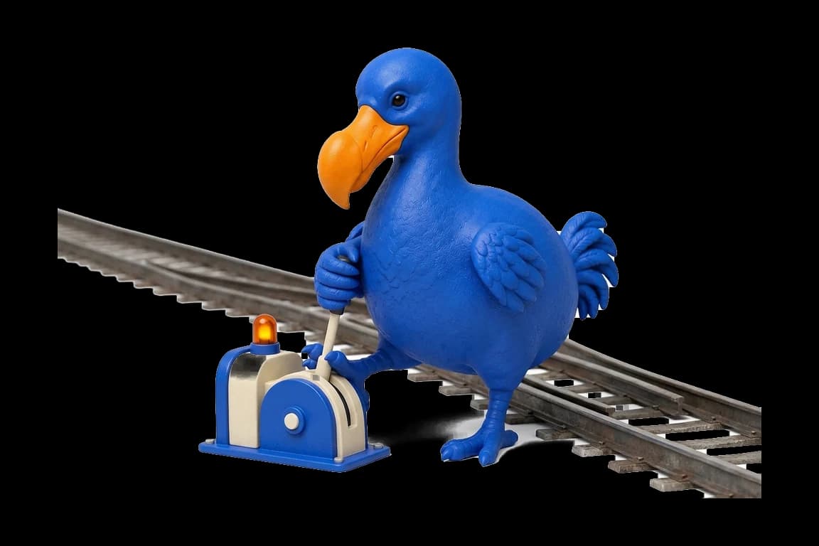 Le dodo bleu actionne un levier d’aiguillage ferroviaire, la voie se divisant en deux derrière lui, un voyant orange allumé au sommet du boîtier.