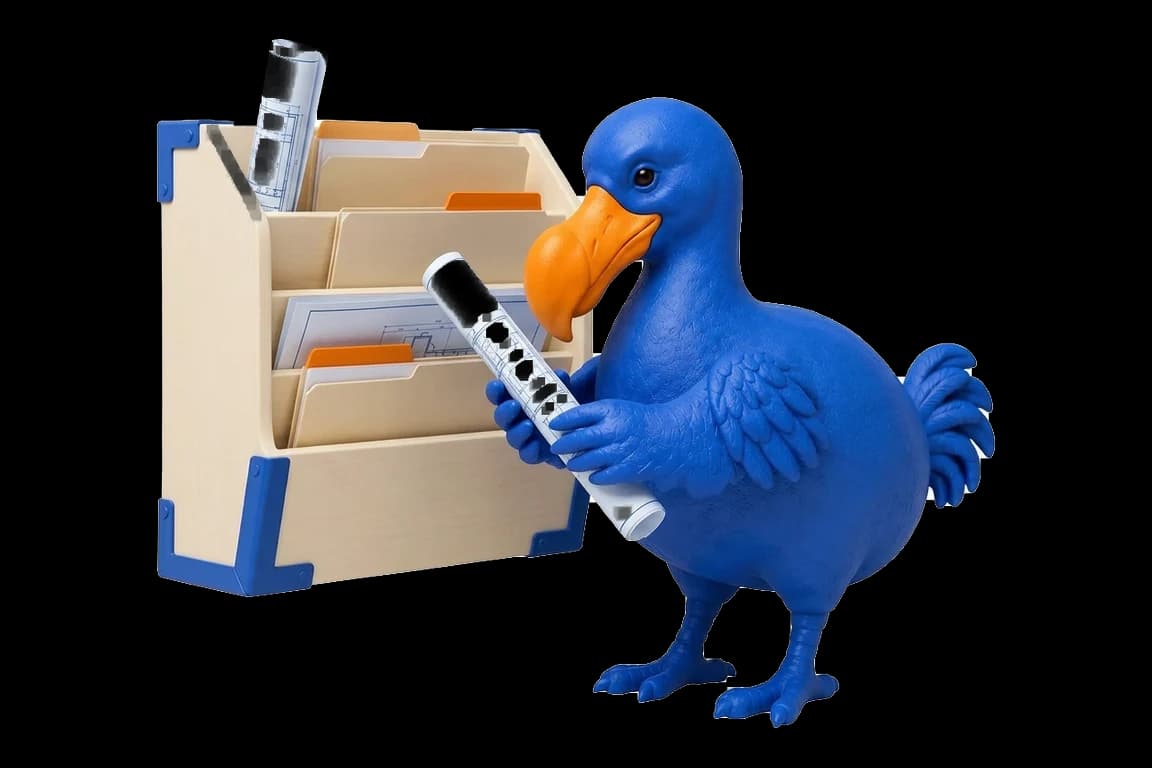 Dodo cobalt tenant un plan roulé, devant un range-documents ivoire à quatre casiers avec dossiers à onglet orange et coins métal cobalt.