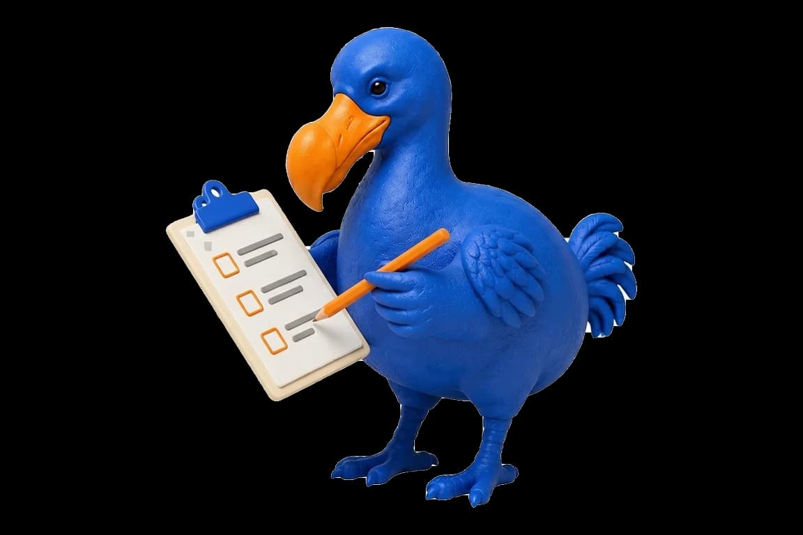 Le dodo bleu écrit au crayon orange sur un porte-bloc ivoire à pince cobalt, en face de trois cases à cocher.