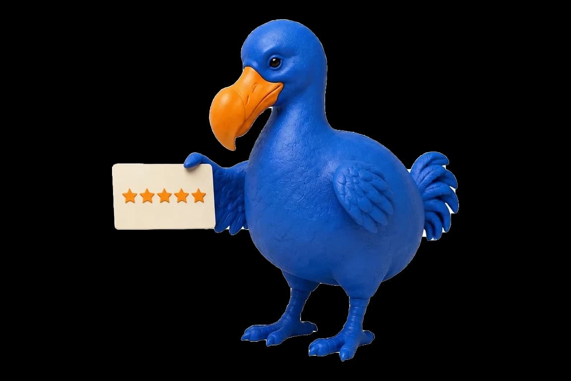 Le dodo bleu tend une carte ivoire ornée de cinq étoiles orange.